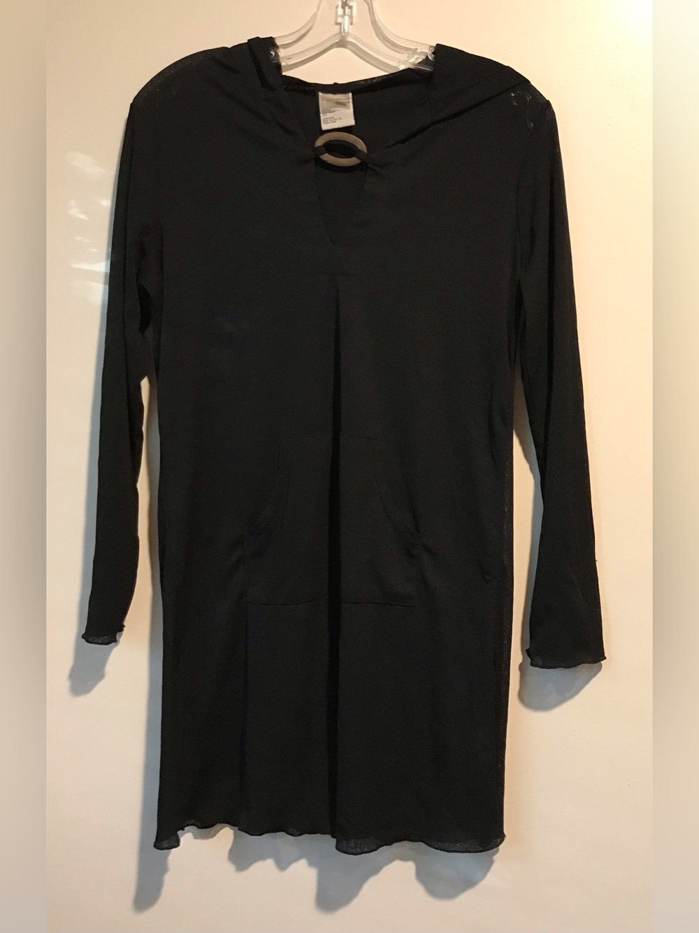 Black Hooded Long Sleeve Sheer coverup with Front Pocket